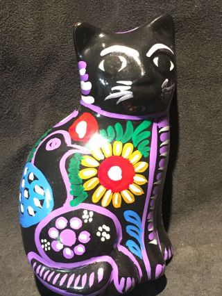 Vintage Talavera Terra Cotta Pottery Hand Painted Cat Folk Art Mexico