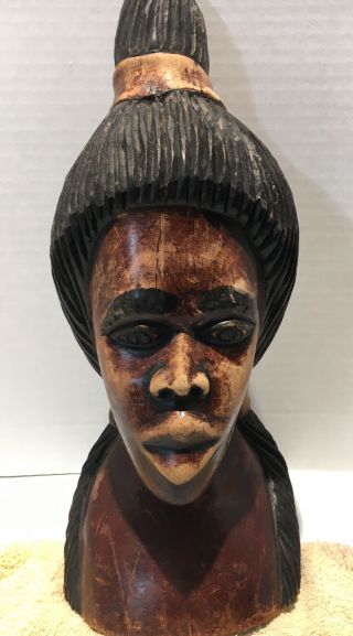 Vintage Hand Carved African Woman Head Wood Sculpture Signed Dated 1985