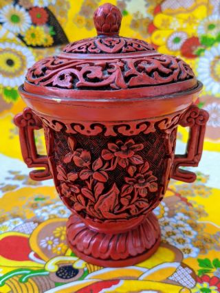 Old Vtg Antique Chinese Cinnabar Red Carved Lacquer Ginger Jar Asian Urn Vase