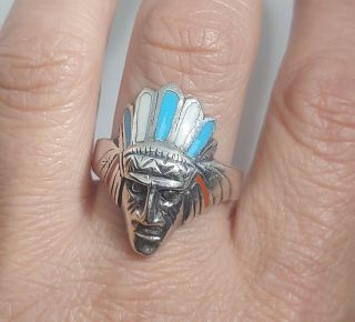 Vtg Sterling Silver Indian Chief Head Turquoise Coral Ring Southwestern Sz.  10.  5