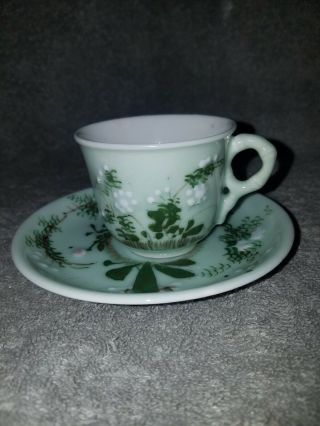 Vintage Oriental Green White Porcelain Tea Cup & Saucer Set 2 1/2 " Tall