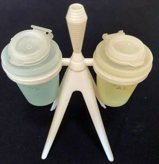 Vintage Tupperware Atomic Midget Salt And Pepper Shakers With Stand - Yellow/green