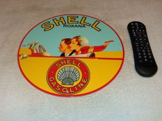 Vintage Shell Roxana Gasoline,  Convertible Car 11 3/4 " Porcelain Metal Oil Sign
