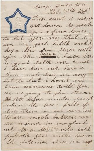 1861 Civil War Soldier Letter Poolesville Md - 15th Mass - Patriotic Stationery