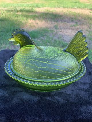 Indiana Carnival Glass Green Hen On Nest Vintage Candy Dish