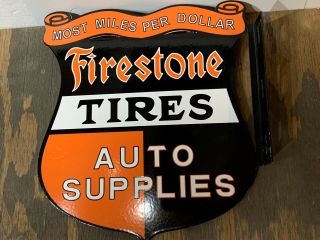 Approx 16x15 Firestone Tires Flange Double Side Porcelain Enamel Sign