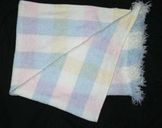Pastel Plaid Unisex Acrylic Baby Blanket Fringe 36x48 Pink Yellow Blue Vintage