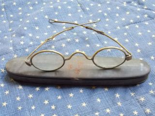 Civil War Era Eyeglasses.  Brass Sliding Temple In C.  Parker Style Tin Case.