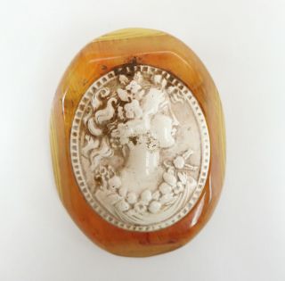 Vintage Hand Carved Apple Juice Bakelite & Celluloid Cameo Brooch 2 3/4 X 2 - Inch