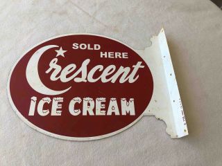 Old Crescent Ice Cream Here 2 Sided Painted Store Flange Advertising Sign