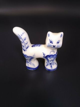 Vintage Gzhel Ussr Porcelain Blue & White Cat Figurine