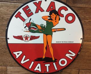 Texaco Gasoline Porcelain Pin Up Military Girl Aviation Service Oil Sign 12”