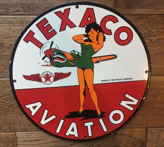 TEXACO GASOLINE PORCELAIN PIN UP MILITARY GIRL AVIATION SERVICE OIL SIGN 12” 2