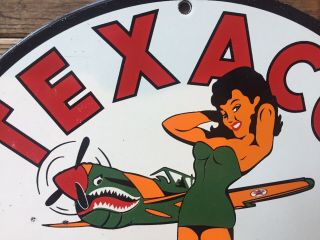 TEXACO GASOLINE PORCELAIN PIN UP MILITARY GIRL AVIATION SERVICE OIL SIGN 12” 3