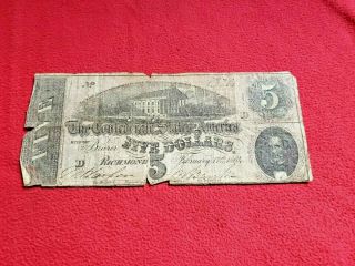 1864 Civil War Confederate Five Dollar $5.  00 Bill No.  83701 Richmond