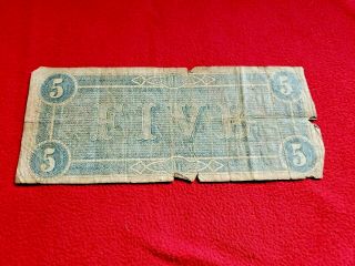 1864 CIVIL WAR CONFEDERATE FIVE DOLLAR $5.  00 BILL No.  83701 RICHMOND 2