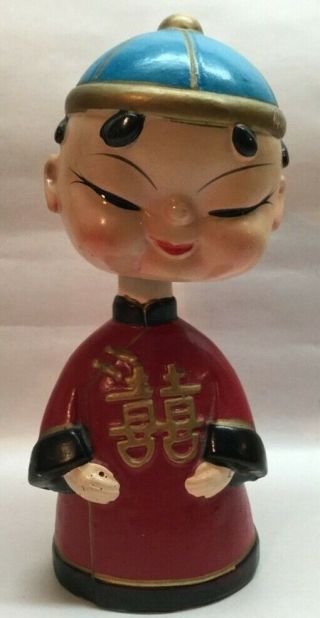 Japanese Paper Mache Asian Boy Bobble Head Nodder Kokeshi Oriental Japan Vintage
