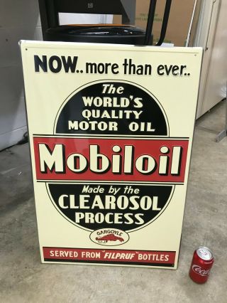 " Mobiloil " Large Embossed Metal Advertising Sign (36 " X 18 "),