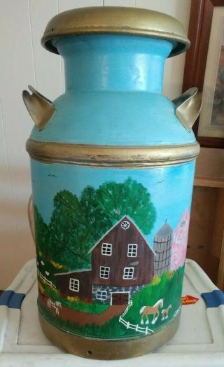 Antique 10 Gal.  Solar Milk Can.  Hand Painted W/farm Scenes.  Winona Lake - 44