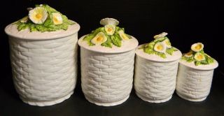 Vintage Lefton Rustic Daisy Set Of (4) Basketweave Ceramic Canisters Vg - Excellen