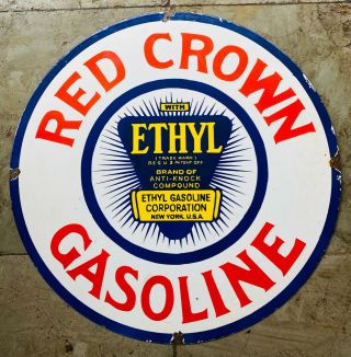 Red Crown Gasoline Ethyl Vintage Porcelain Enamel Sign 30 Inches Round