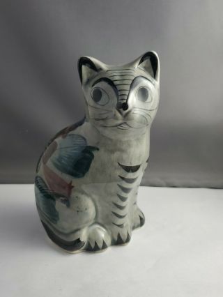 Vintage Mexican Tonala Ceramic Pottery Folk Art Hand Painted Cat Figurine