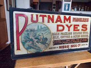 Putnam Dyes Country General Store Display Wood Cabinet Tin Sign Monroe Drug Old
