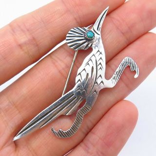 Vintage Old Pawn 925 Sterling Silver Turquoise Roadrunner Bird Tribal Pin Brooch