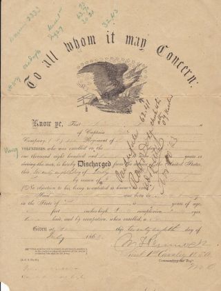 1863 Civil War Discharge Paper Pennsylvania Company C 166th Regiment Samuel