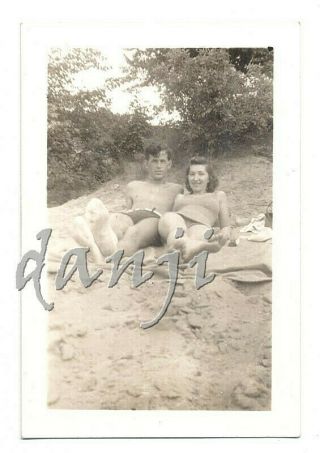 Swimsuit Couple Lying On The Beach With Their Feet In The Camera 1940 Photo