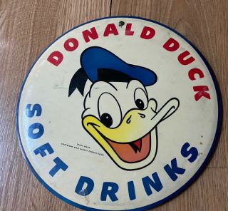 Old Donald Duck Soft Drinks Porcelain Metal Advertising Sign 9” Phila Badge Co.