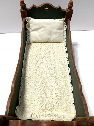 Vintage Doll Cradle Hand Painted Lace Coverlet & Pillow 12 