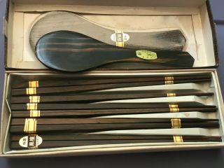 Vintage Set Of 7 Wood Chopsticks With Rice Paddle In Wood Box
