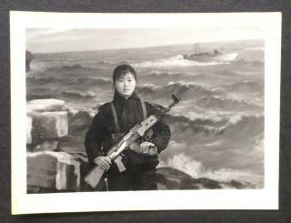 Pretty China Militia Girl Ak - 47 Gun Belt Chinese Culture Revolution Studio Photo