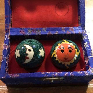 Vintage Chinese Baoding Meditation Sun And Moon Chime Balls In Fabric Box