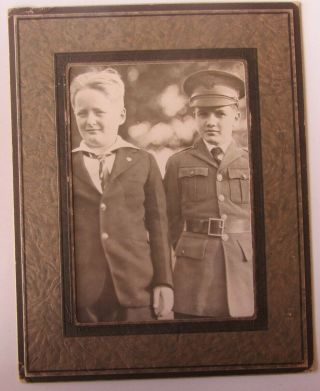 Vintage Photo Young Boy In Military School Uniform And Hat With Friend