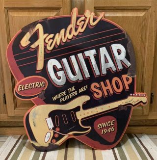 Fender Guitar Shop Sign Electric Metal Vintage Style Pick Guard String Large