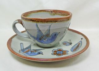 El Palomar Blue Cup Saucer Set Ken Edwards Pottery Tonala Birds