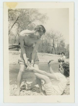 Shirtless Young Man Summer Fun Playful Couple Vintage Photo Vernacular Snapshot