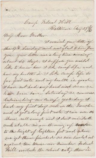 1861 Civil War Soldier Letter Fort Federal Hill Baltimore Md - Great Content