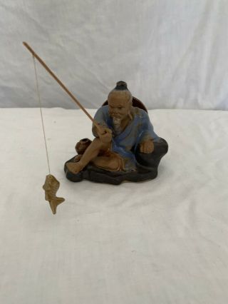 Vintage Oriental Chinese Mud Man Figurine Fishing Pole Line Fish