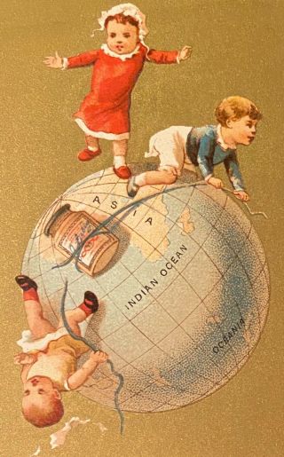 LIEBIG EXTRACT OF MEAT Trade Card Children & Jar of Liebig’s Fly On World Globe 2