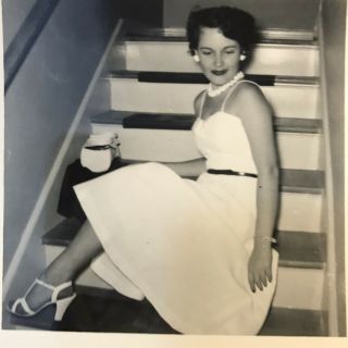 Woman Posing On Stairs Pin Up Black White Vintage Photograph Snapshot