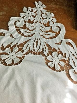 Vintage Embroidered Cut Work Cotton Linen Tablecloth - Scalloped Edge 72 " X 67 "