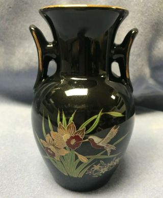 Small Black Asian Vase With Floral And Hummingbird Design Gold Rim
