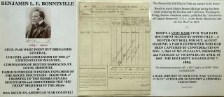 Civil War General Colonel 3rd Infantry Explorer Bonneville Document Signed 1865