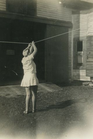Woman With Back To Camera Clothes Line Summer Dress Odd Vintage Snapshot Photo