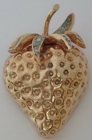 Vintage Nettie Rosenstein Gold Plate Rhinestone Strawberry Fruit Brooch