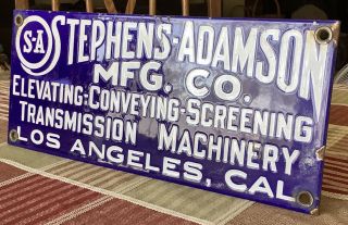 Stephens - Adamson Mfg.  Co.  Los Angeles California (1901) 12” X 5” Enamel Ad Sign