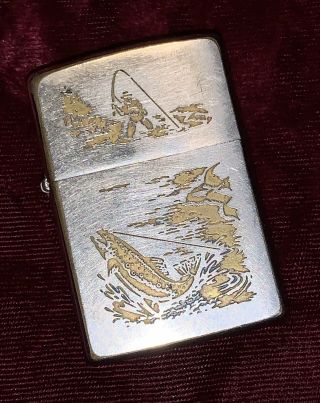 Vintage 1966 Zippo Lighter With 2 - Panel Trout Fly Fishing Scene,  Engraved Calvin